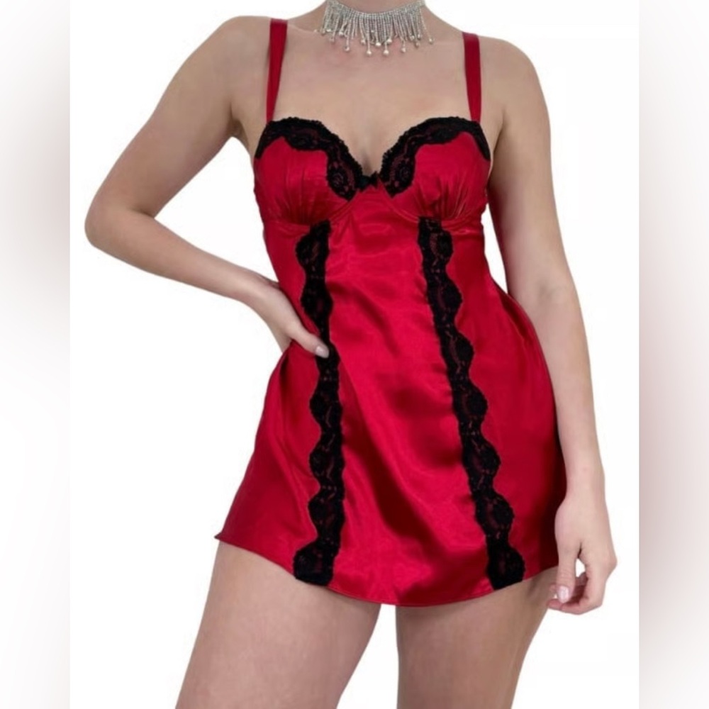 Luxurious Scarlet Satin Chemise with Black Lace Trim
